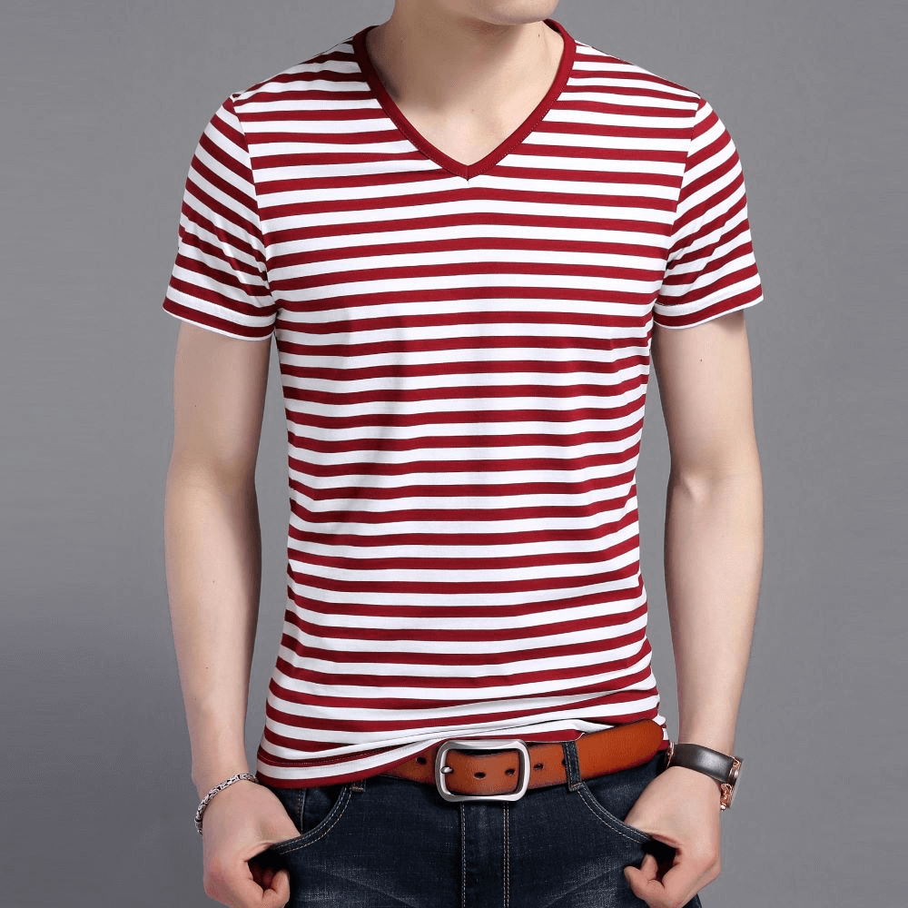 Man wearing stylish red and white striped V-neck short sleeve tee, perfect for sporty and casual outfits for men - Model SF1066.